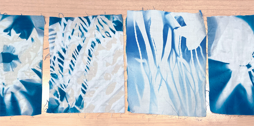 process image of wet fabric cyanotype using the shibori method